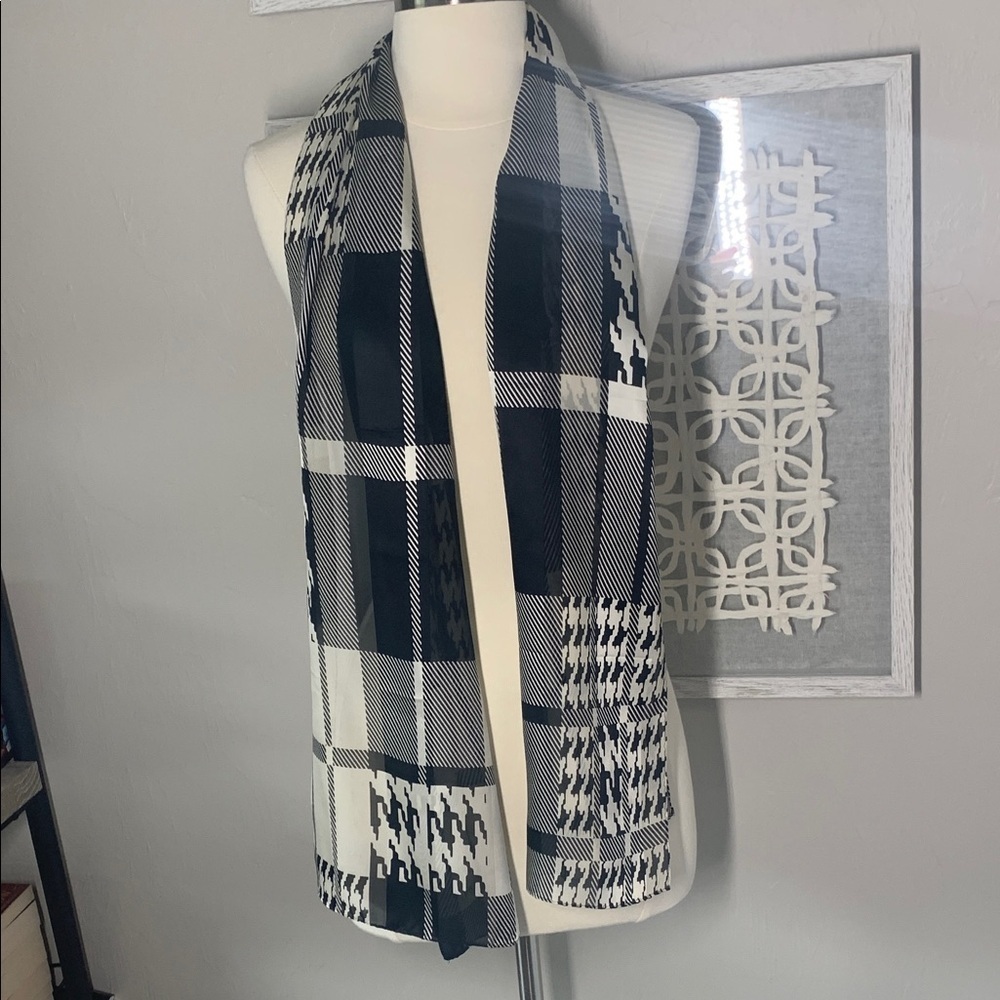 Halston silk scarf black and ivory plaid and houndstooth print